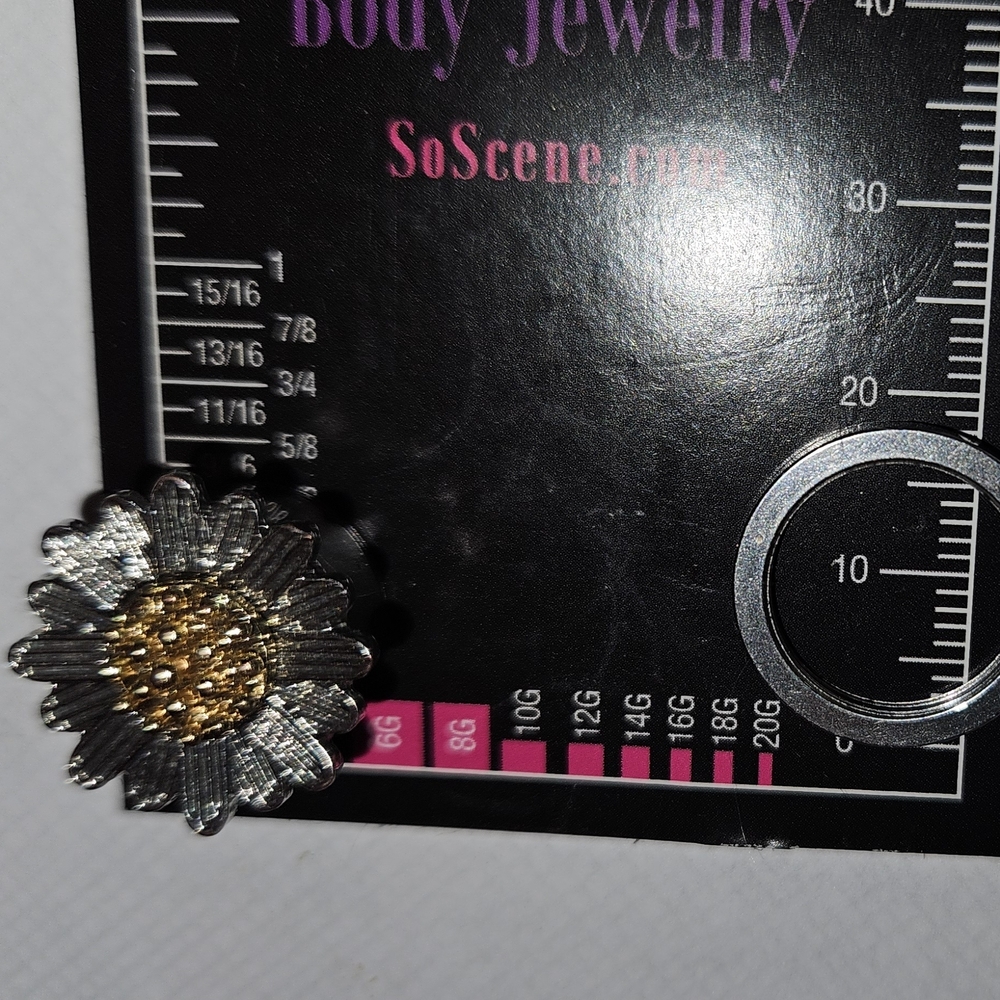 Gold and Silver Flower Plug Earrings - Picture 3 of 4